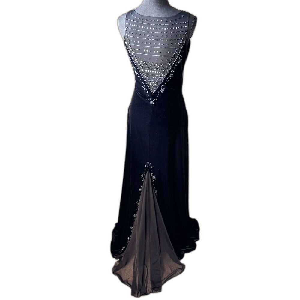 Size 8 Y2K vintage Morgan and Co black velvet dress sheer back beaded (10422)